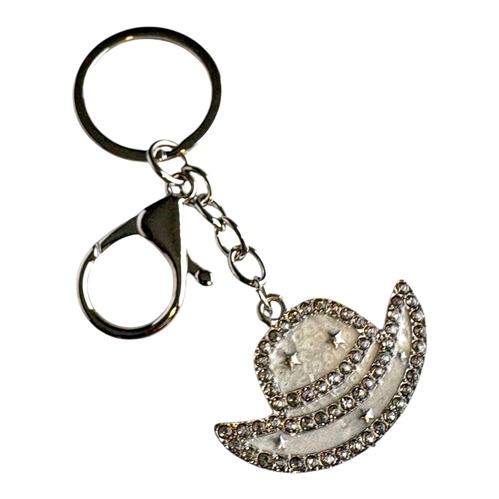 Silver Clear Rhinestone Western Cowboy Hat Key Chain 4" Bling Charm